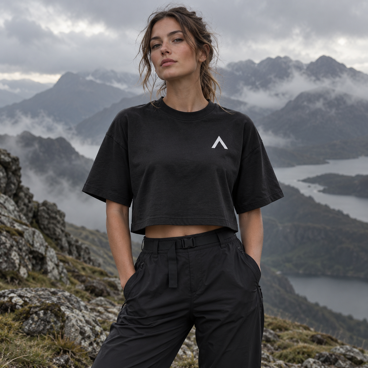 NORTH ASCENT Garment-Dyed Cropped Tee worn in the mountains