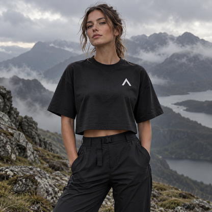 NORTH ASCENT Garment-Dyed Cropped Tee worn in the mountains