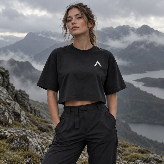 NORTH ASCENT Garment-Dyed Cropped Tee worn in the mountains