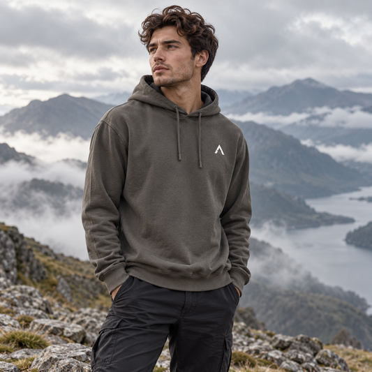 NORTH ASCENT Garment-Dyed Hoodie worn in the mountains